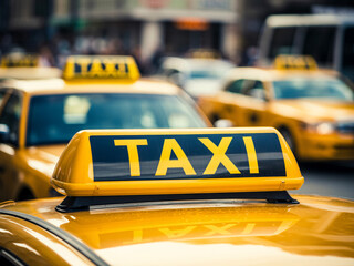 Experience vibrant city life with bright yellow taxi cabs, ideal for travel adventures or urban transportation themes that convey speed and excitement