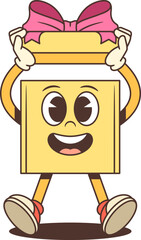 Playful cartoon gift box character mascot vector illustration. Yellow present lifts lid with both hands revealing surprise inside. Perfect for grand openings and celebration announcements.