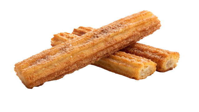 Three churros sprinkled with sugar and cinnamon, isolated on transparent background