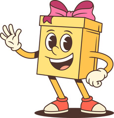 Cheerful cartoon gift box character mascot vector illustration. Waving hello with hand on hip and pink bow. Friendly design for advertising promotion welcome message. Joyful greeting concept