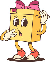 Expressive cartoon gift box character mascot vector illustration. Covering mouth with hand in surprise gesture. Shocked reaction for advertising promotion surprise event. Dramatic emotional concept