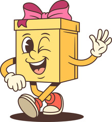 Friendly cartoon gift box character mascot vector illustration. Winking waving walking with pink bow. Playful design for advertising promotion greeting card. Happy movement approach concept