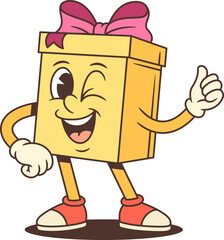 Dynamic cartoon gift box character mascot vector illustration. Winking with thumbs up and fist gesture. Confident walking pose for advertising promotion success. Positive determined energy concept