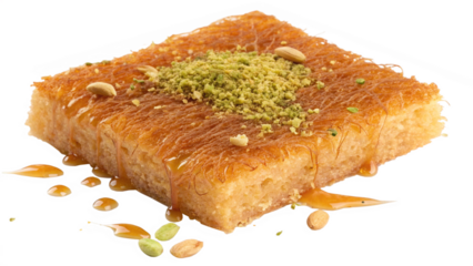 A square piece of kunafa dessert topped with chopped pistachios and syrup, isolated on transparent background