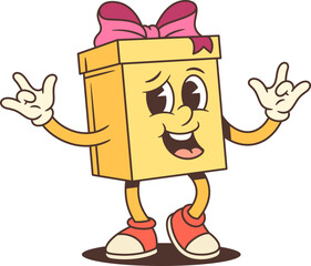 Cheerful cartoon gift box character mascot vector illustration. Making shaka hand gesture with pink bow. Friendly design for advertising promotion aloha theme. Positive relaxed celebration concept
