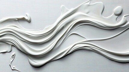 A close-up, abstract view of thick white paint or cream with flowing, wave-like textures and smooth, curved lines.