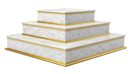 A threetiered marble podium with gold trim, isolated on transparent background