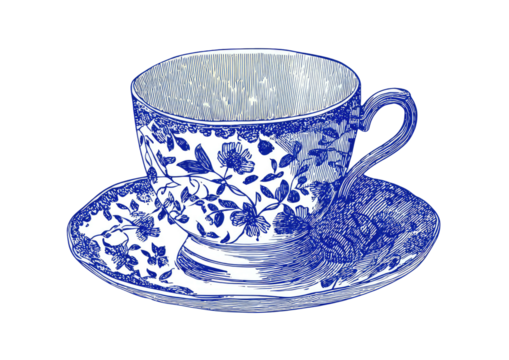 Detailed blue floral tea cup and saucer with a vintage aesthetic - Powered by Adobe