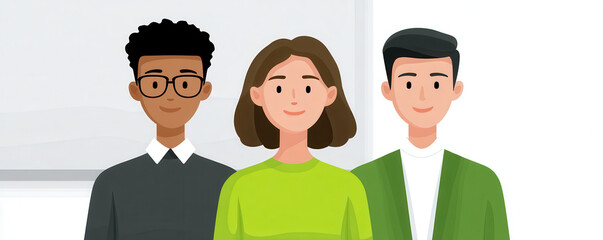 Three young adults standing together smiling in front of whiteboard diverse group casual clothing friendly atmosphere teamwork collaboration modern illustration