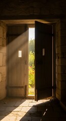 Sunlight streams through an open wooden door, illuminating the stone interior and revealing a lush garden outside with vibrant flowers and greenery
