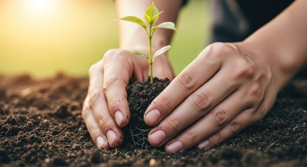 Hands planting a seedling in soil with a green leafy plant growing from it.