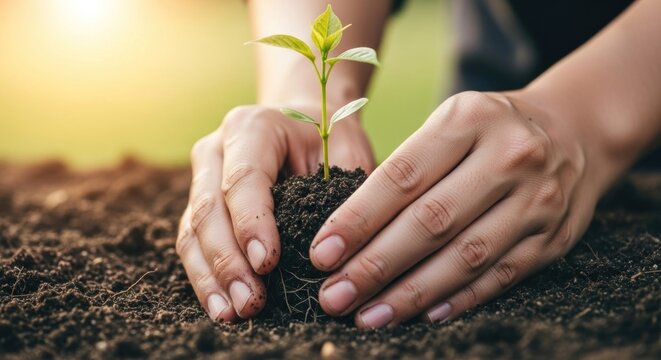 Hands planting a seedling in soil with a green leafy plant growing from it. - Powered by Adobe
