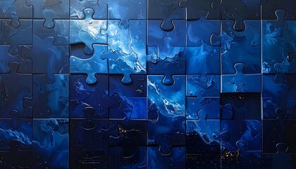 Abstract puzzle of a blue and white swirled celestial scape, many pieces interlocked