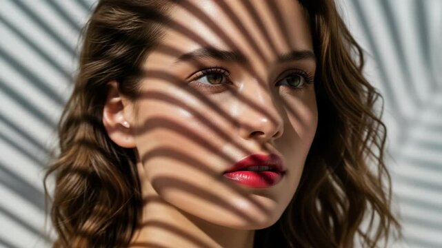 Artistic beauty portrait of a young adult caucasian woman with red lipstick. Sunlight through blinds creates a striped shadow pattern on her face for a skincare campaign