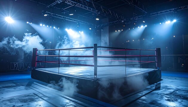 Boxing ring illuminated with spotlights and atmospheric smoke.