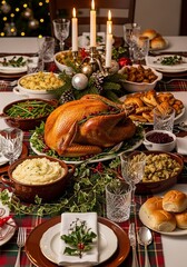 Classic Christmas dinner setup featuring roasted turkey and cozy festive atmosphere
