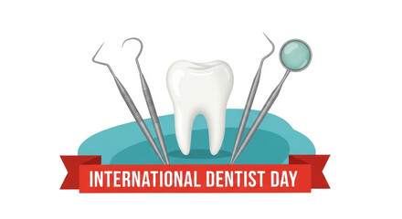 International Dentist Day illustration with tooth surrounded by dental tools and red ribbon banner on white background.