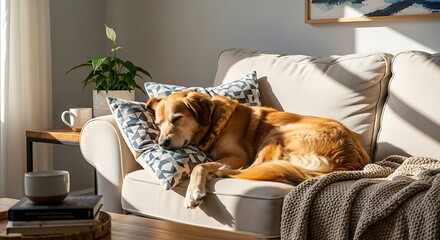 Golden Retriever Dog Napping on Sofa with Cozy Home Interior, and Sunlight Comfort.