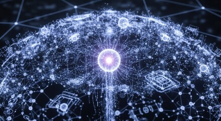 Futuristic digital network visualization illustrating interconnected data points and complex web