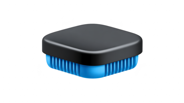 Black square container with blue ribbed base, modern minimal design, isolated on transparency background, suitable for storage, organization, or packaging, clean and simple style