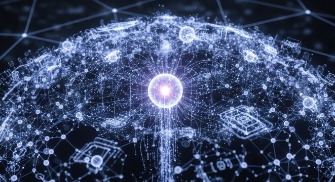 Futuristic digital network visualization illustrating interconnected data points and complex web