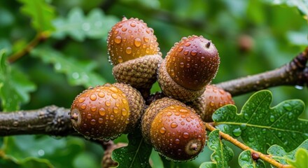 Acorns on a tree branch with water droplets, green leaves in the background.
