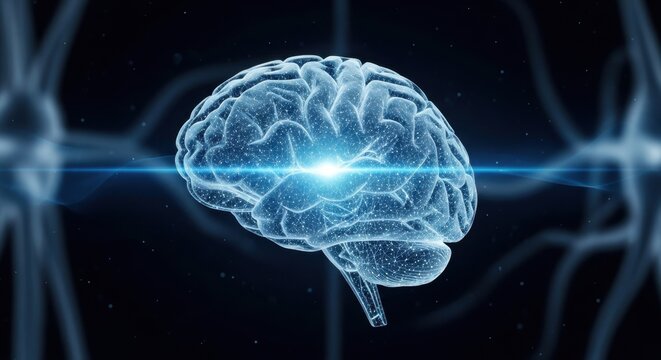 Digital illustration of a human brain with neural connections and glowing effects highlighting