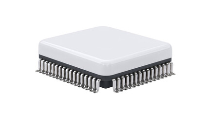 White microchip integrated circuit electronic component square shape isolated on transparent background modern technology hardware close up metallic pins digital device