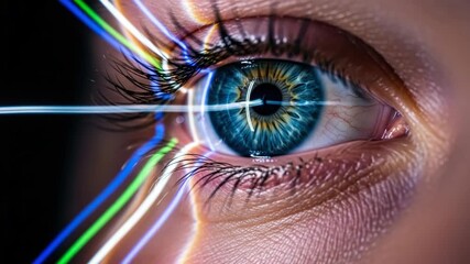 Extreme close up of a human blue eye being scanned by light beams. Biometric recognition and futuristic ophthalmology technology for vision correction and data analysis - Powered by Adobe