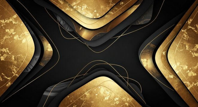 Elegant abstract design with black and gold flowing curves and intricate line details suitable for