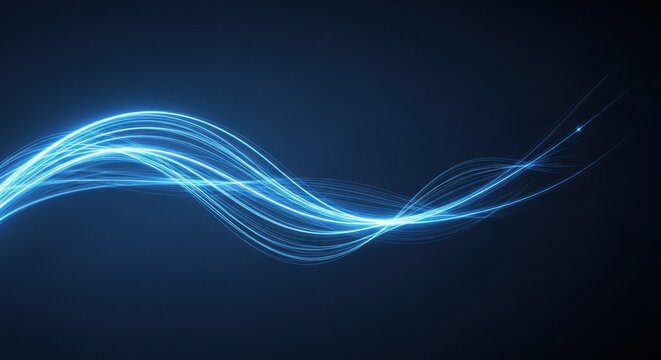 Dynamic abstract wave of glowing blue light streaks flowing across dark background - Powered by Adobe
