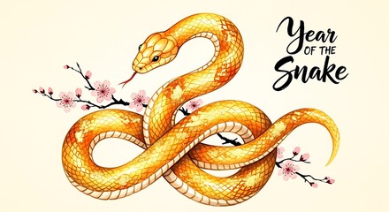 Obraz premium Golden Snake with Cherry Blossom Year of the Snake Illustration on Light Background.