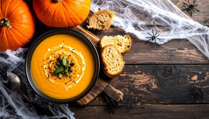Halloween pumpkin soup with bread and spider web decoration.