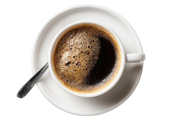 A white cup of dark coffee with a frothy top on a saucer
