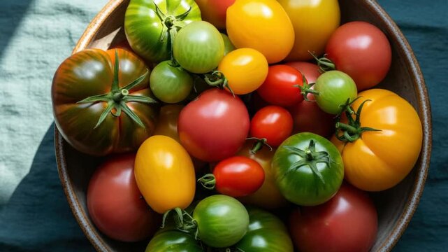 Vibrant assortment of colorful heirloom tomatoes in a rustic bowl. Top view of a fresh summer harvest. Healthy farm to table concept ideal for a website banner or header