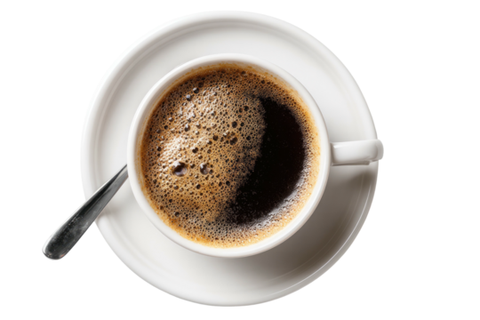 A white cup of dark coffee with a frothy top on a saucer