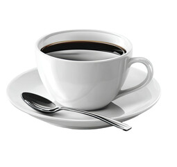 Steaming black coffee in a white cup on a saucer with spoon