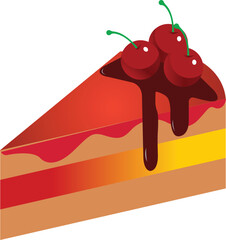 Slice Of Cake With Cherry Vector Cream Dessert Illustration Delicious Sweet Pie Food Design Red Background Graphic Object Isolate Portion Piece Bakery