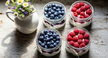 Four individual glass jars filled with layered desserts, two with blueberries and two with raspberries, set on a rustic wooden surface next to a white pitcher of wildflowers
