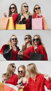Friends celebrate their black Friday shopping haul with colorful bags and smiles
