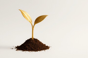 Golden seedling sprouting from soil - minimalistic concept of growth, potential, and sustainable value