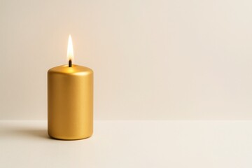 Golden candle with warm flame - symbol of light, warmth, peace and refined celebration