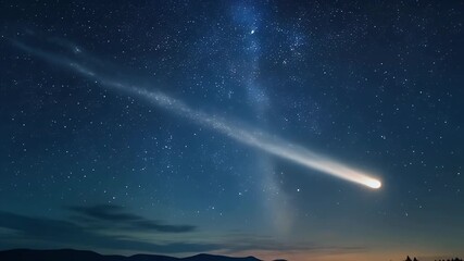 A brilliant comet streaks across the starry night sky above a silhouetted landscape. - Powered by Adobe