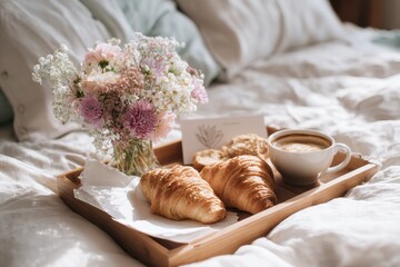 breakfast tray with croissants, coffee and flowers