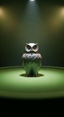 A detailed close-up of a decorative owl figurine illuminated by spotlight on a dark stage background, showcasing intricate feather patterns and a mysterious ambiance