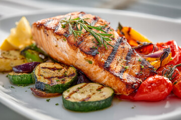 Grilled salmon fillet topped with fresh herbs served with charred zucchini, bell peppers, tomatoes, and lemon wedges on a white plate for a healthy meal