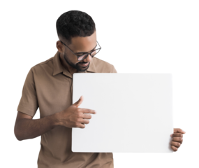 Young man holding blank white board for advertise text isolated transparent PNG, Joyful cheerful casual businessman showing billboard with mockup empty space