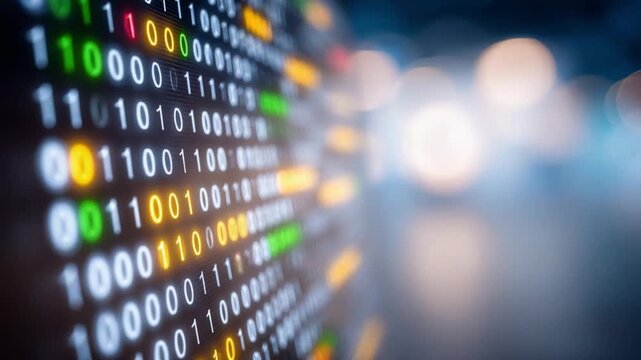 Binary Code in Focus: Illuminated by streams of colorful data, a digital display showcases the elegance and power of binary code, the backbone of contemporary technology.