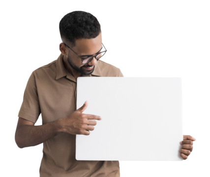 Young man holding blank white board for advertise text isolated transparent PNG, Joyful cheerful casual businessman showing billboard with mockup empty space