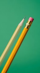 A close-up of a yellow pencil with a pink eraser and a white pen with a metallic tip placed diagonally on a green background, showcasing stationery tools used for writing and drawing